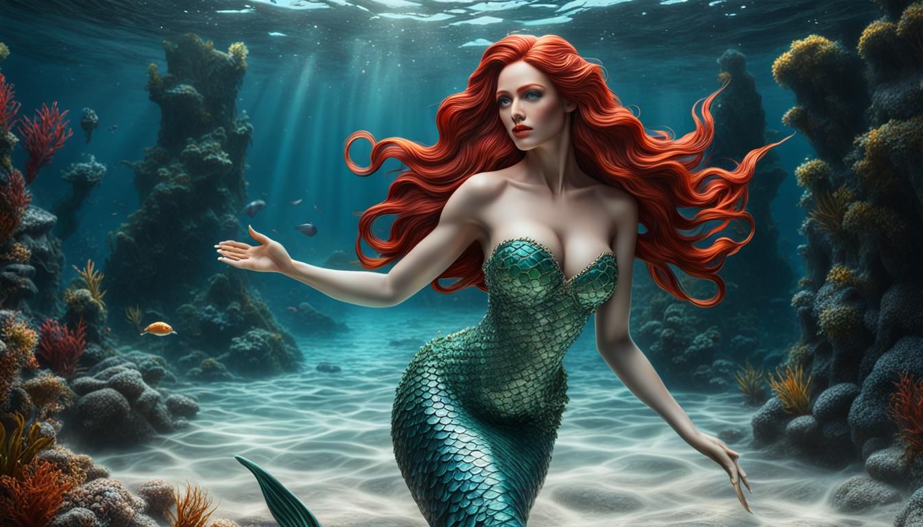 Hyper Realistic Red-Haired Mermaid Goddess in Tropical Parad...