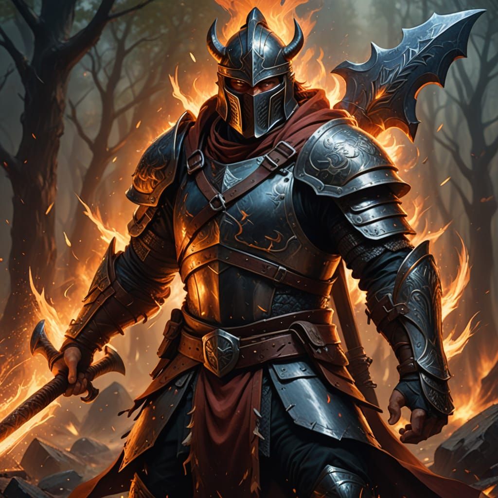 Fantasy Warrior with Greataxe in Fiery Aura