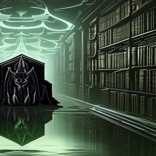 Cthulhu Cat in Flooded Library: Giger Illustration
