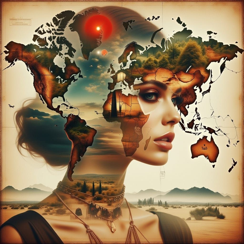 Woman Blended with World Map in Surreal Style