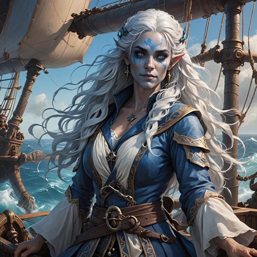 Air Genasi Pirate Sorceress on Ship: Fantasy Concept Art