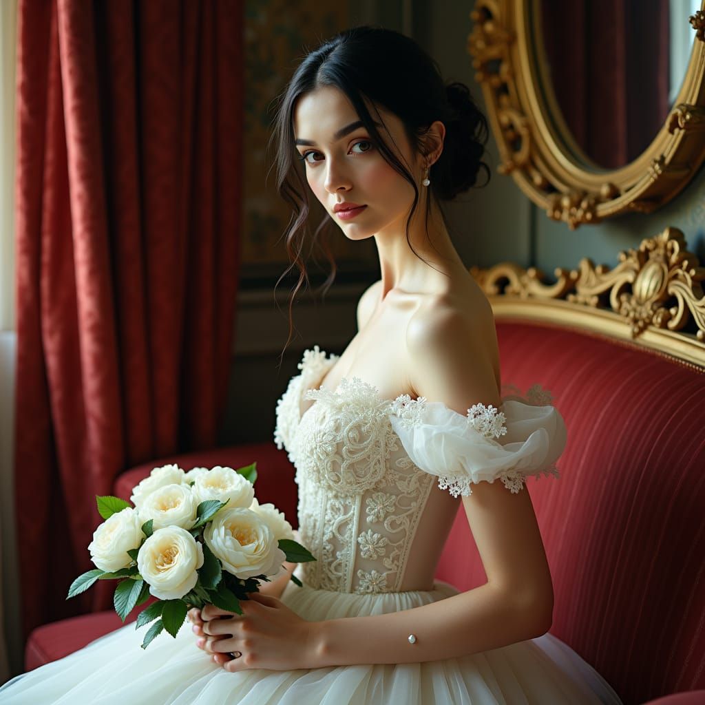 Victorian Woman with Camellias in Opulent Setting