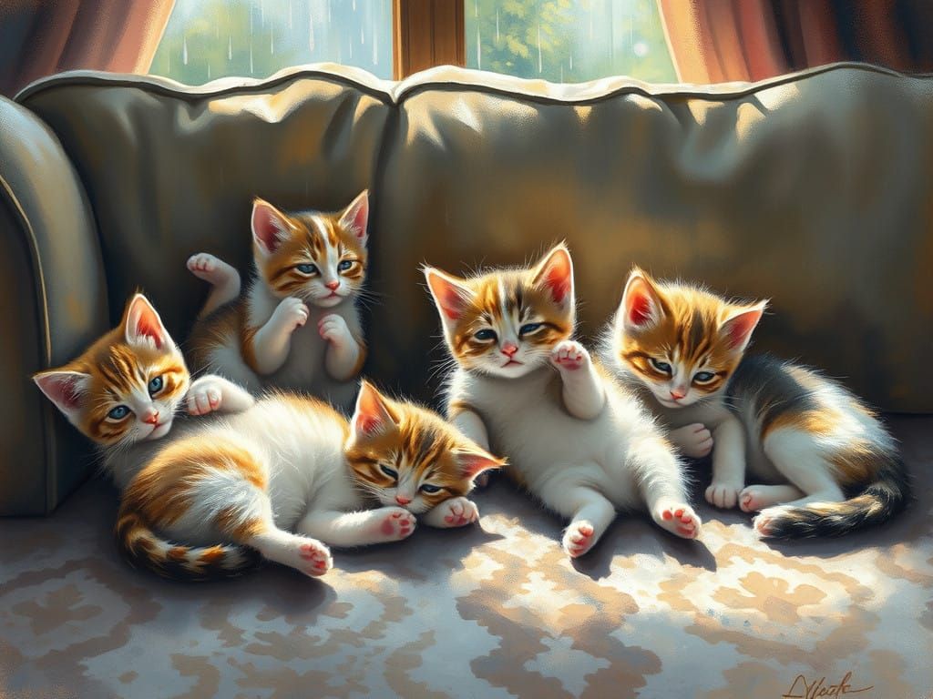 Whimsical Kittens in a Rainy Day Scene, Tempera Painting