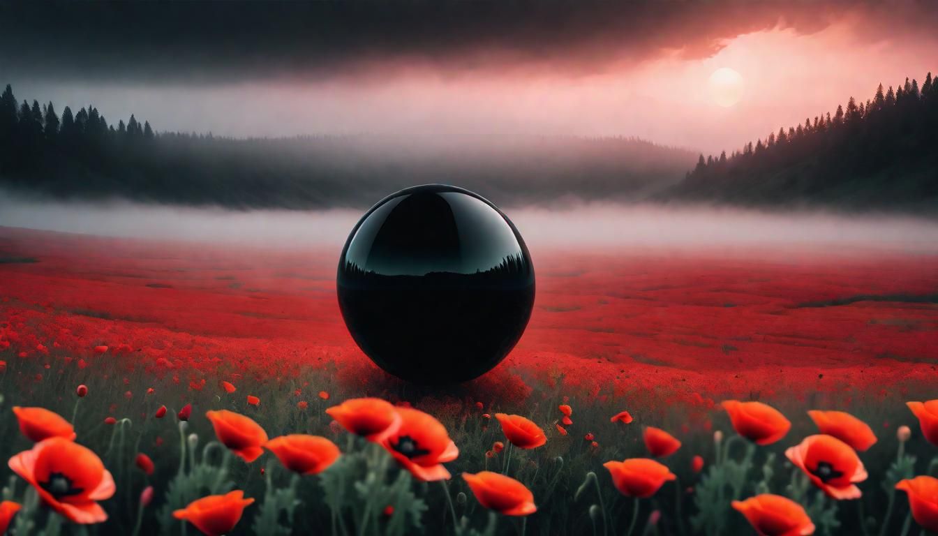 Black Obsidian Orb Over Poppy Field in Ethereal Fog