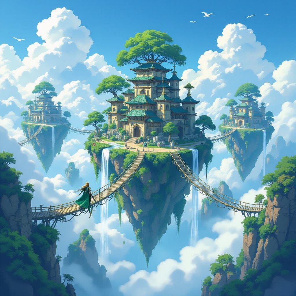 Floating Islands with Elven Warrior on Griffin