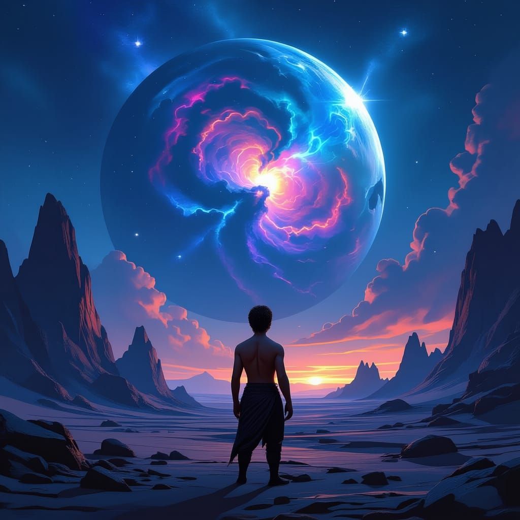 Man Gazes at Nebula on Alien Planet