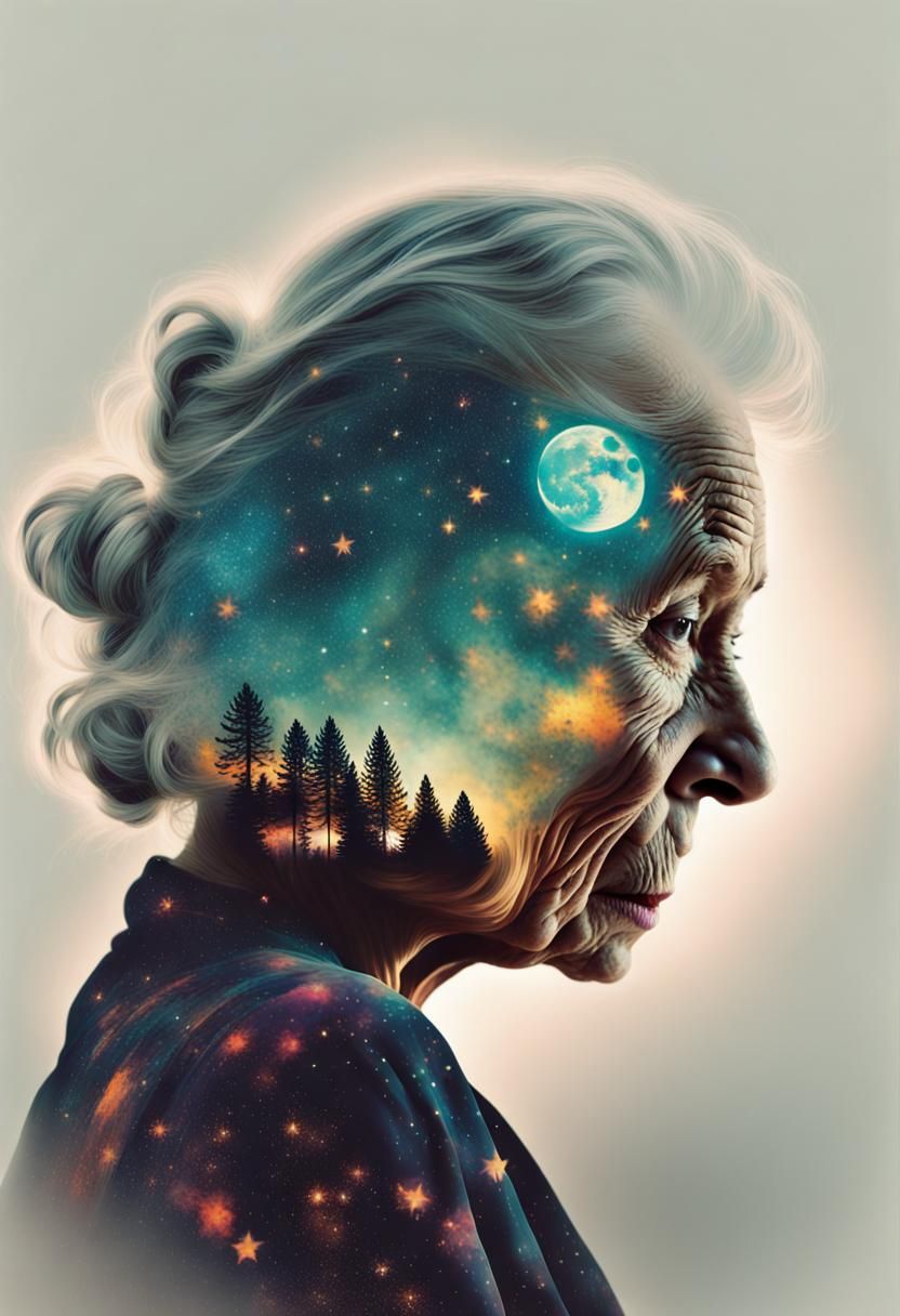 Cosmic Double Exposure Portrait in Fractal Impasto Style