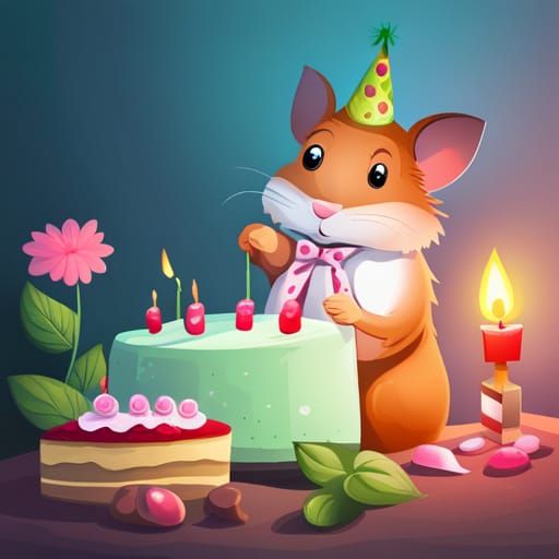 Hamster Baking a Birthday Cake in Comic Style