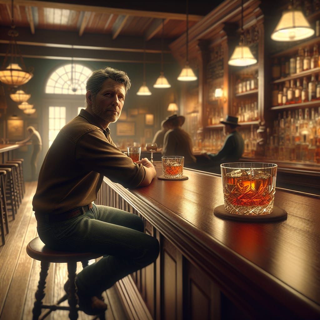 Man at Tavern with Whiskey Glasses, Digital Illustration