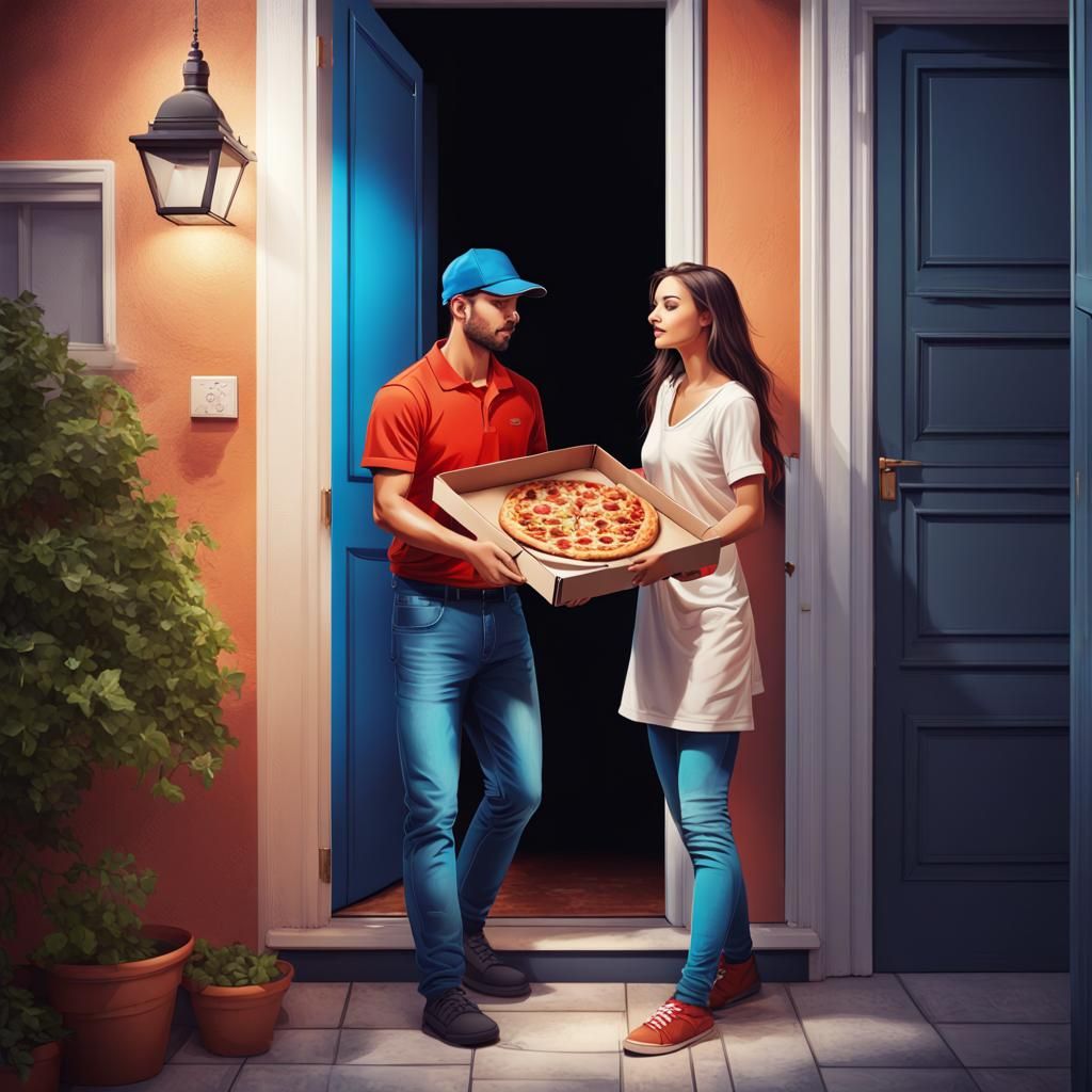 Pizza Delivery to a Beautiful Girl: Colorful Illustration