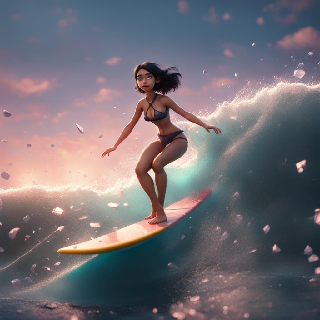 Girl Surfing on Glass in 3D Digital Art Style