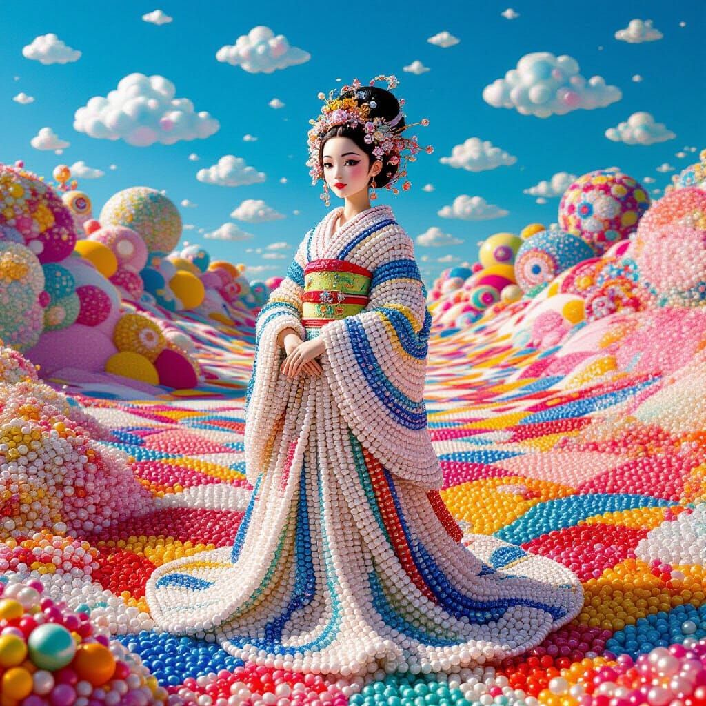 Ethereal Beaded Maiden in Kaleidoscopic Landscape
