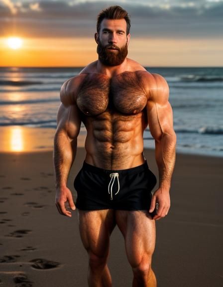 Handsome Hairy Man on Beach at Sunset