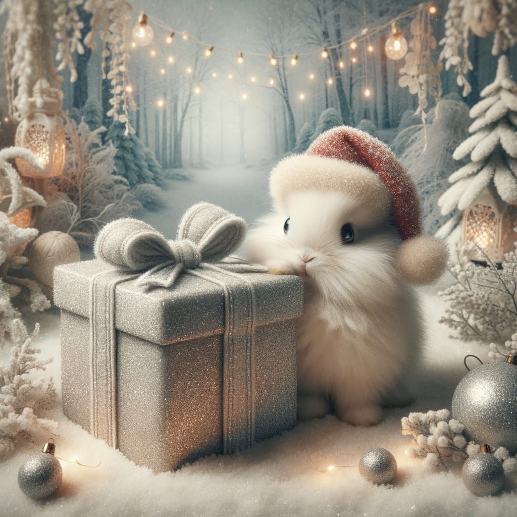 Fluffy Bunny With Christmas Present in Snowy Forest