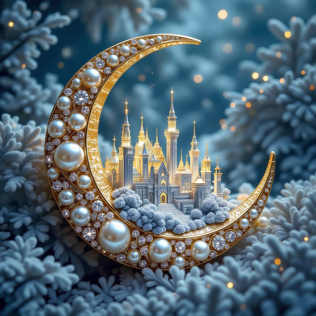 Golden Moon Cityscape with Pearls and Diamonds