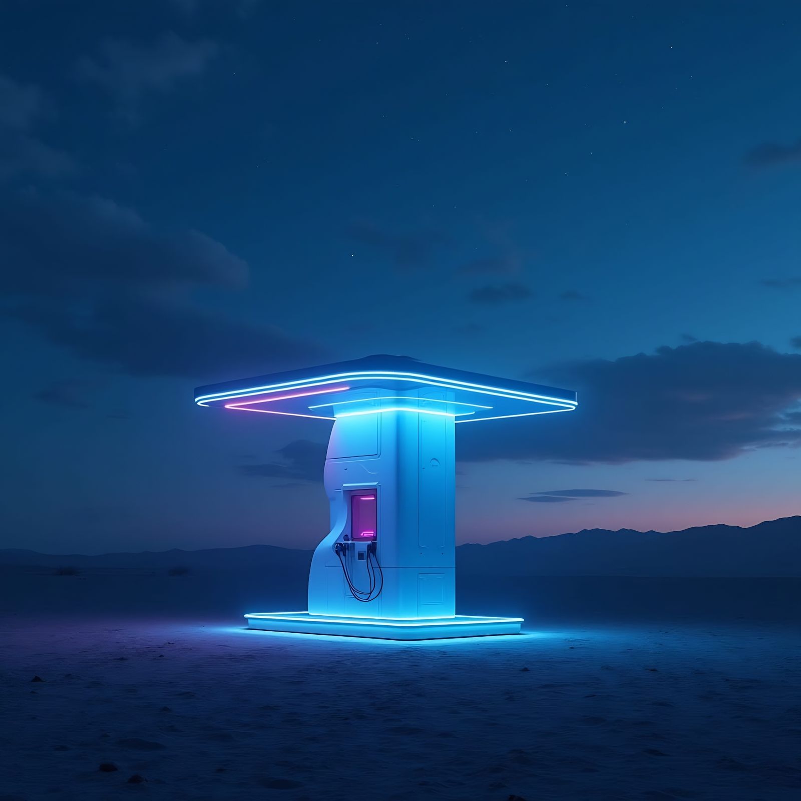 Futuristic Charging Station in Desert Nighttime Landscape