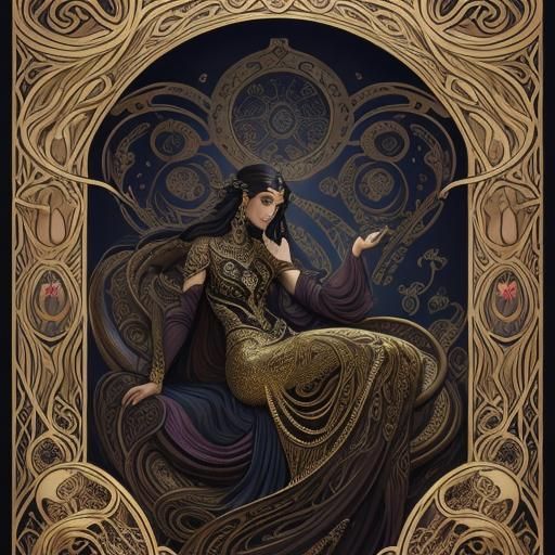 Art Nouveau Woman with Metallic Dragons and Snakes