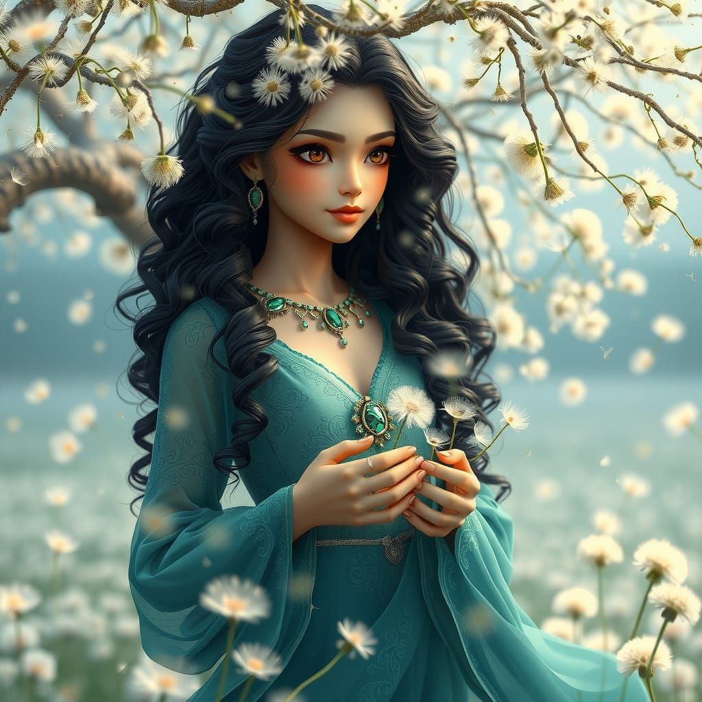 Ethereal Goddess Among Dandelions in Whimsical Anime Style