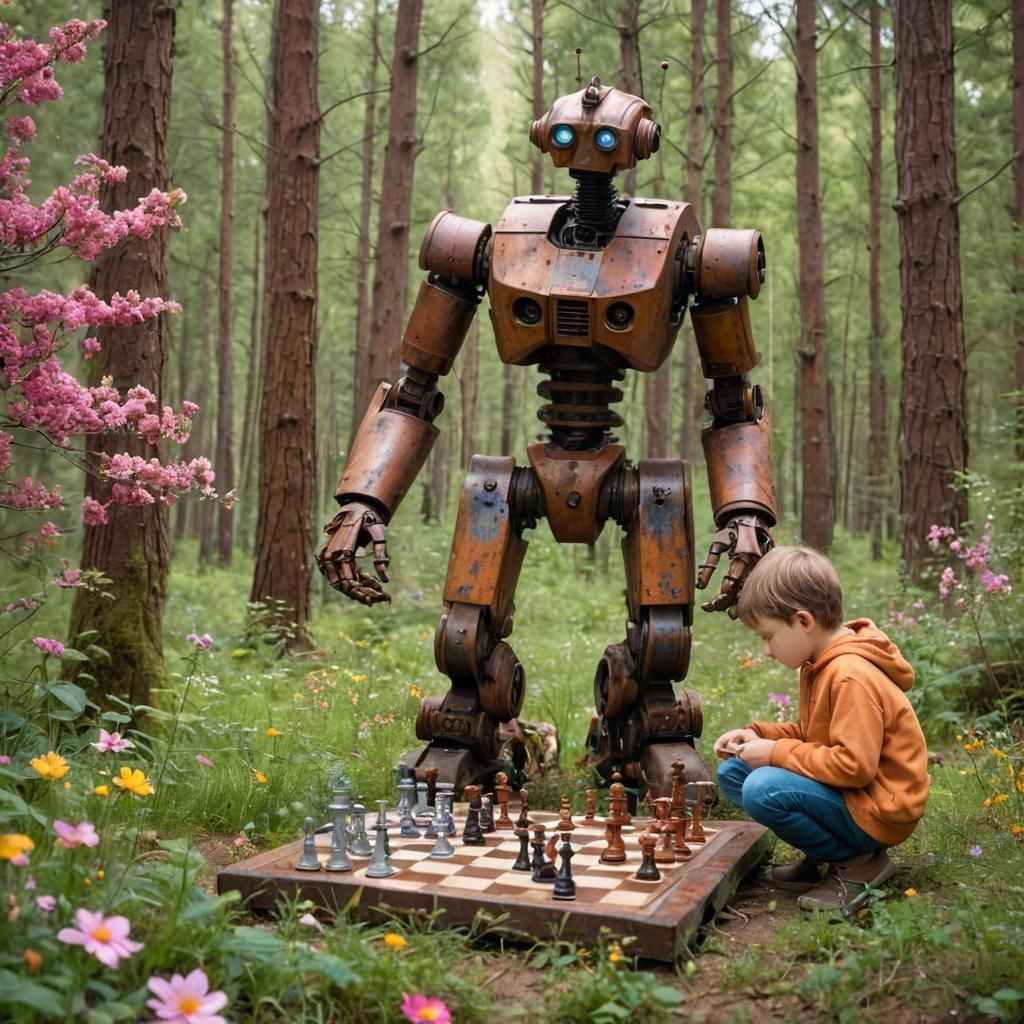 Child and Robot Chess Game in Forest