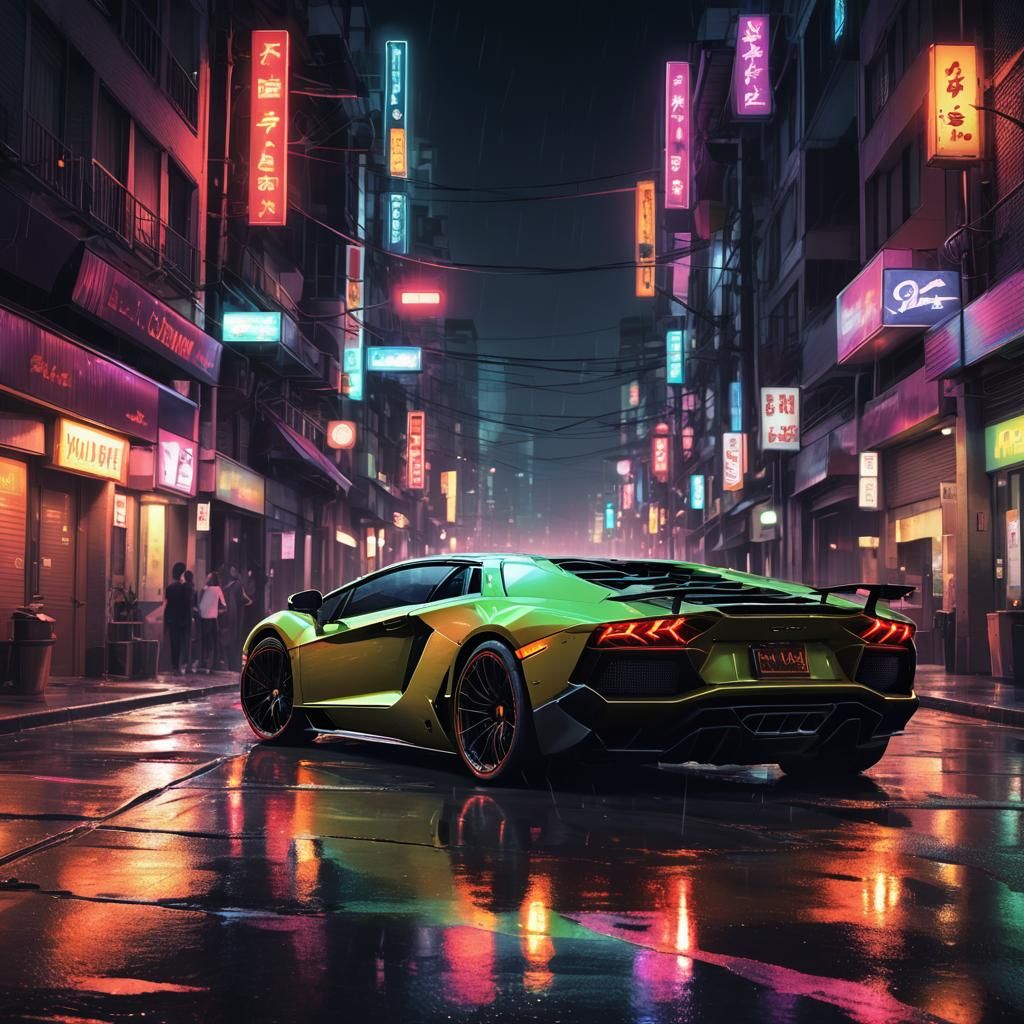 Neon Lamborghini Aventador in Anime Style