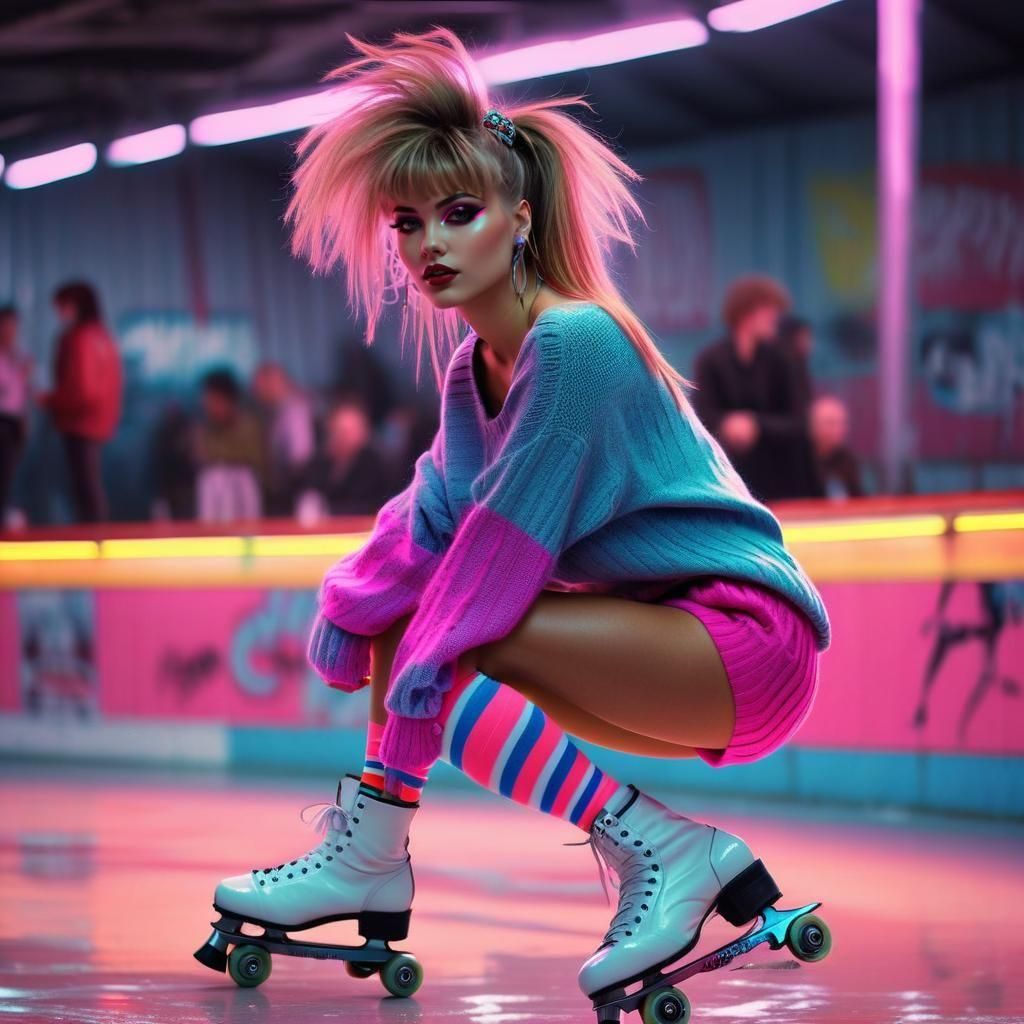 80s Girl at Neon Skating Rink: Digital Portrait