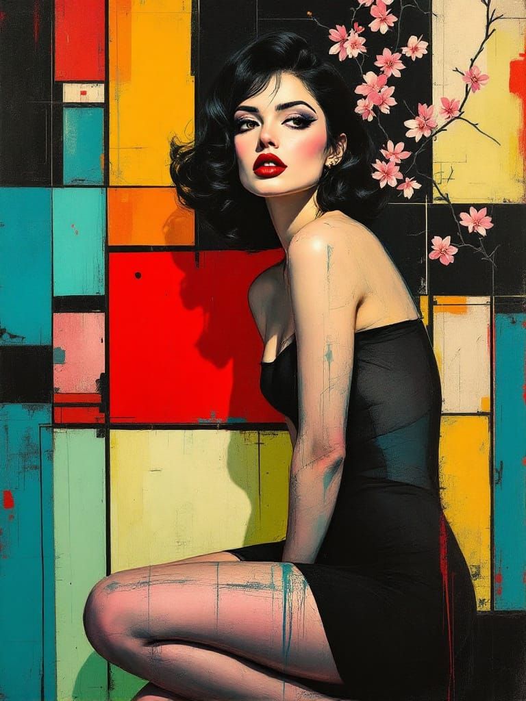 Geometric Pin-Up Fusion with Noir Atmosphere