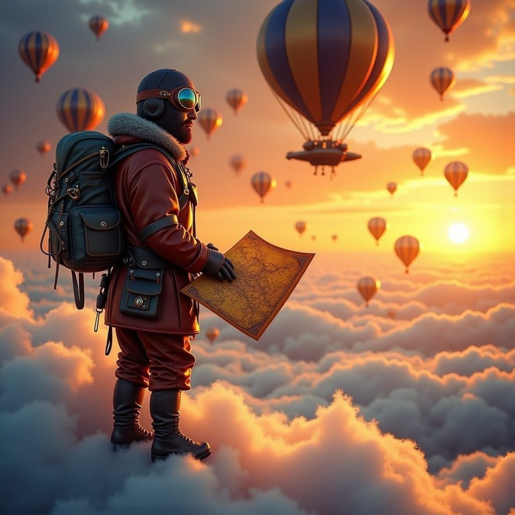 Steampunk Aviator on Cloud with Hot Air Balloons at Sunset