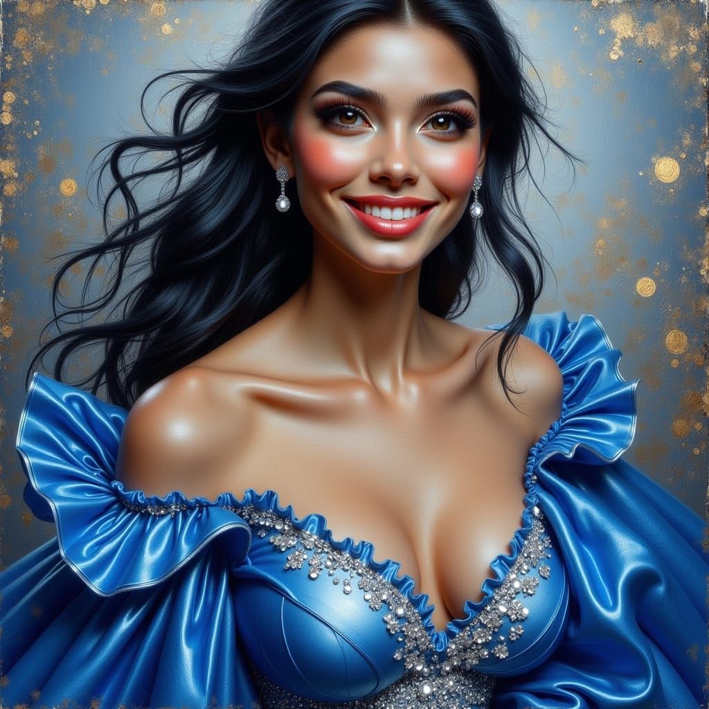 a beautiful young women smiling wearing blue silver gown.......