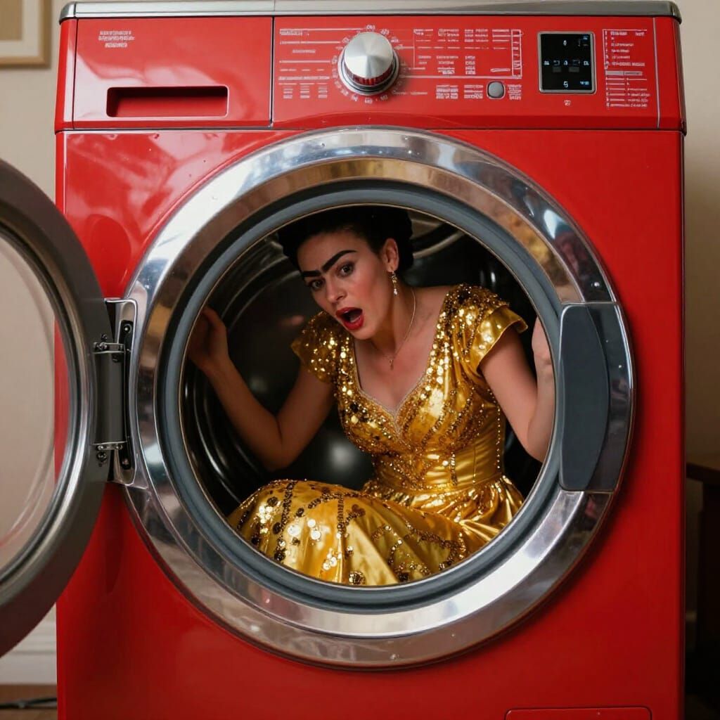 Surreal Woman Wedged in Vintage Washing Machine