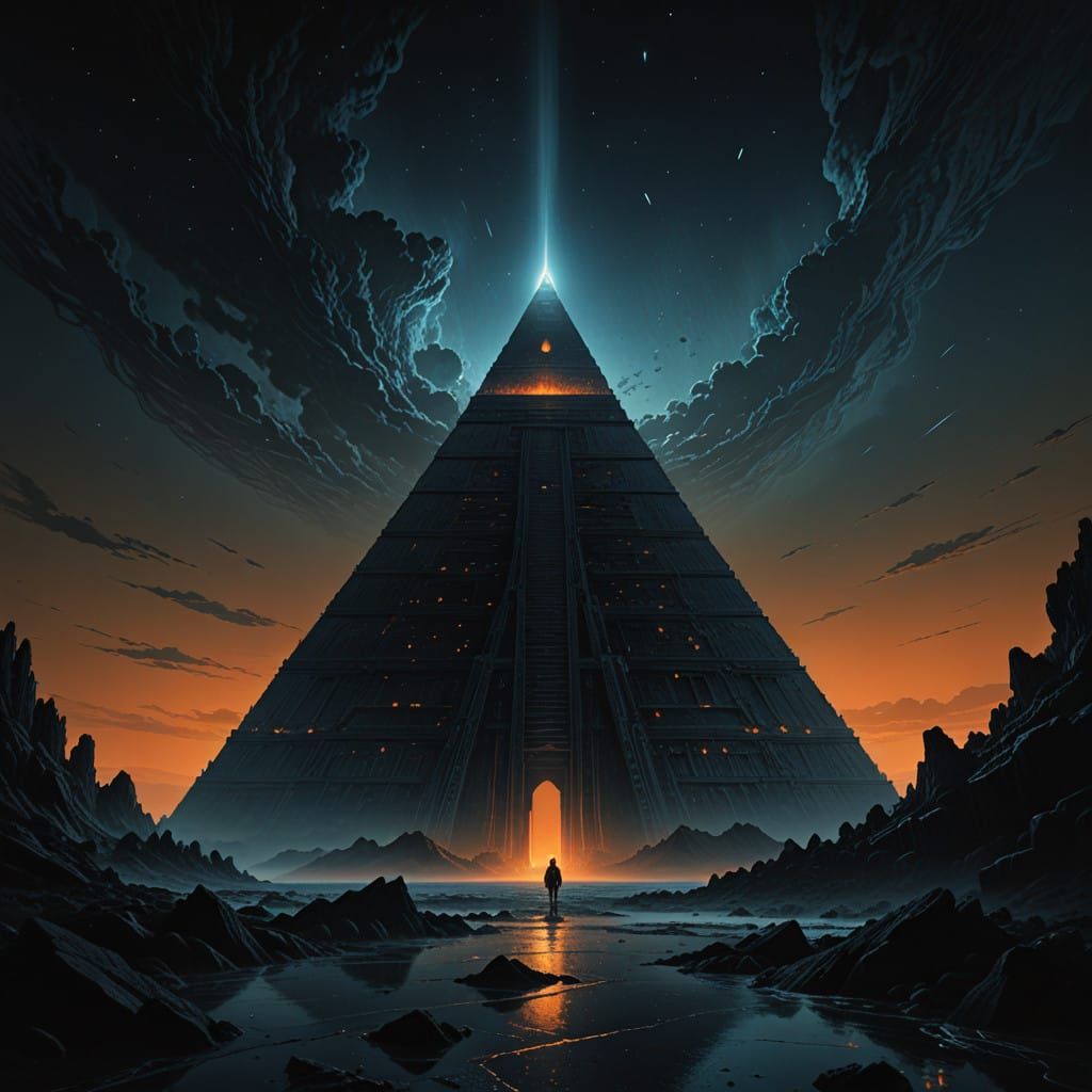 Gothic Black Monster Behind Glass Pyramid in Celestial Backd...