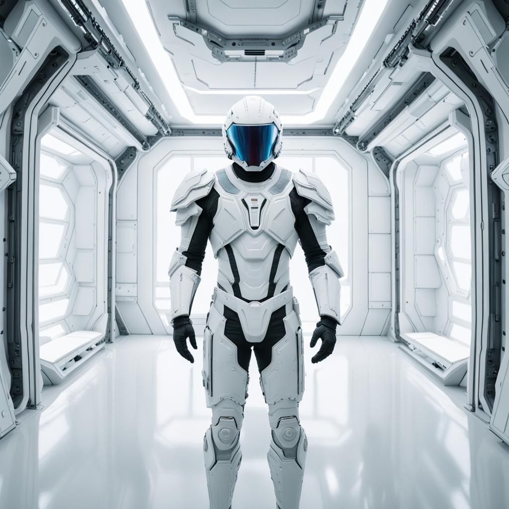 Futuristic Soldier in White Armor in White Room
