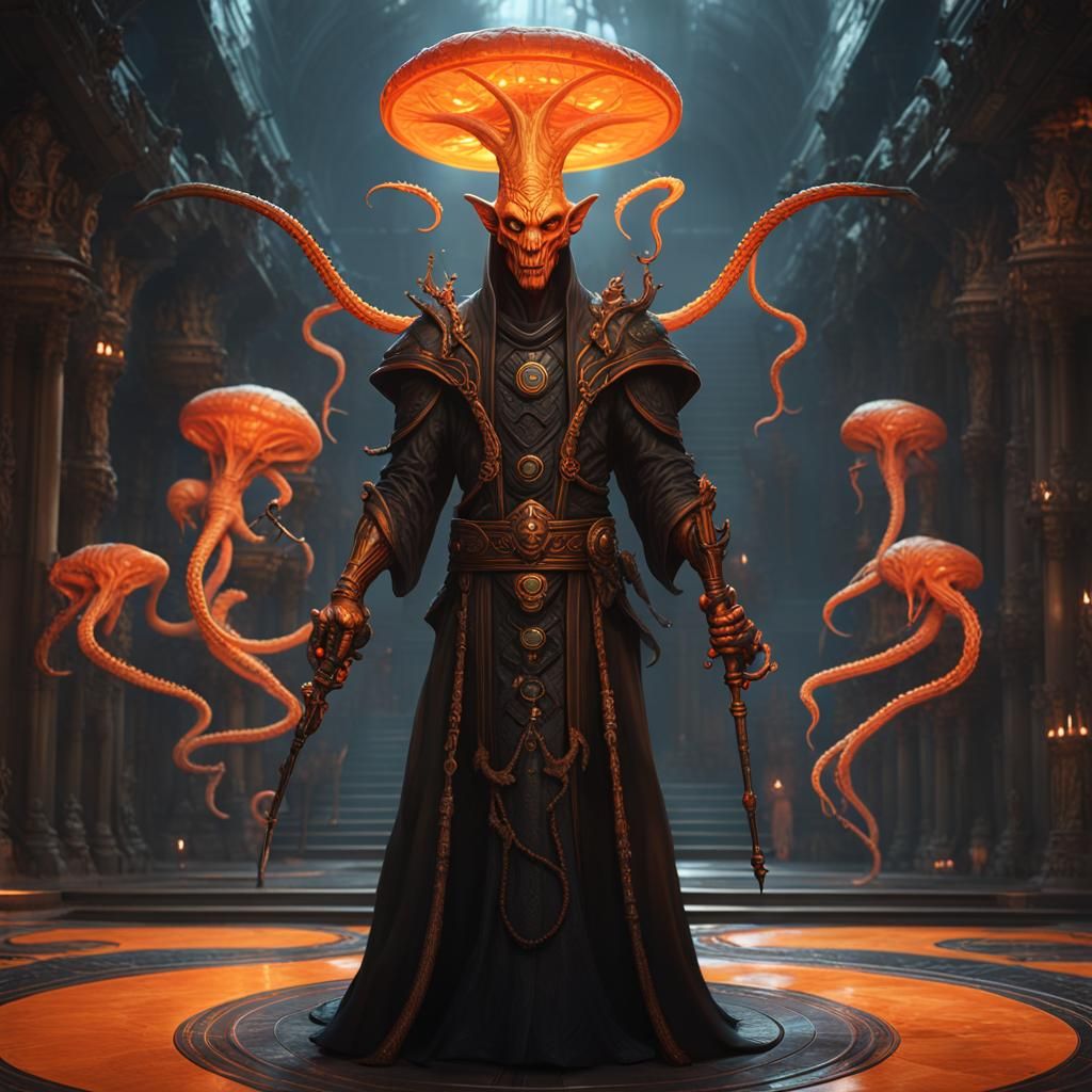 Sci-Fi Alien Wizard Casting Spell in Temple