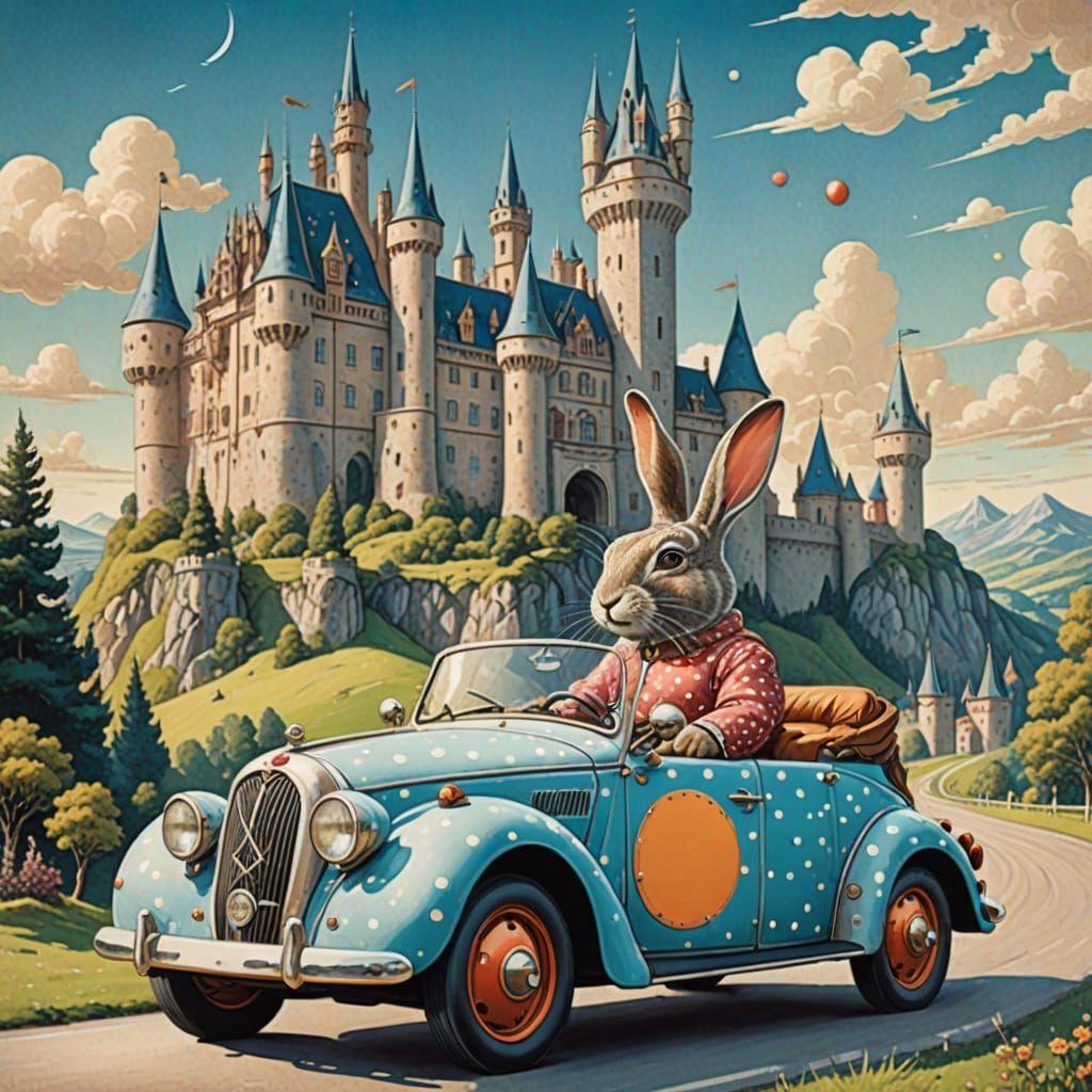 Rabbit Driving Polka Dot Car Past a Castle