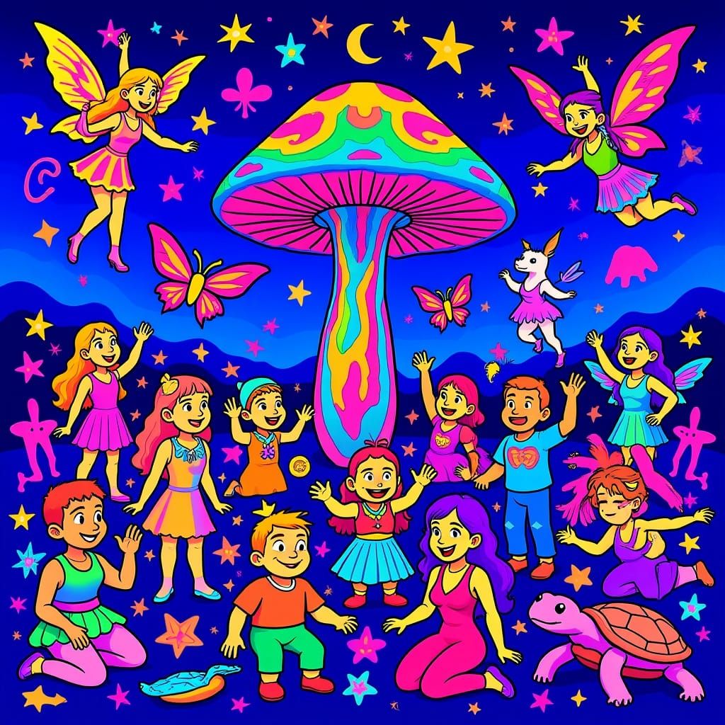 Psychedelic Mushroom Party with Fairies and Unicorns