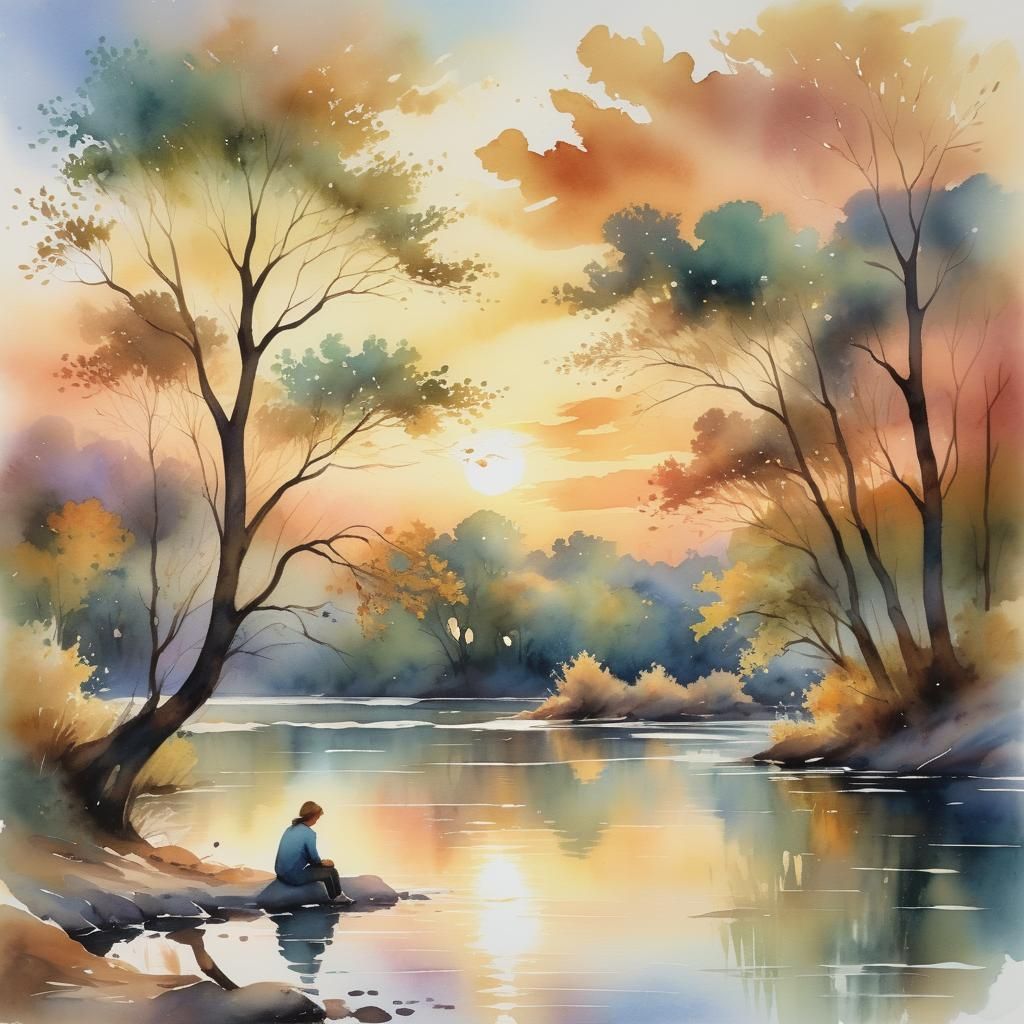dreamy river bank at sunset watercolor