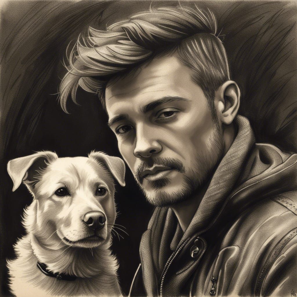 Detailed Charcoal Sketch: Man and Dog Portrait