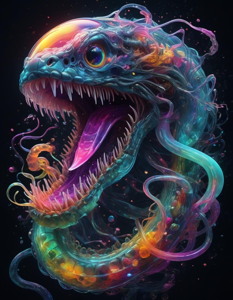 Award winning imaginative Digital art :: Micro Cyber biology deep sea jelly serpent_iridescent exploding sparkling colof...