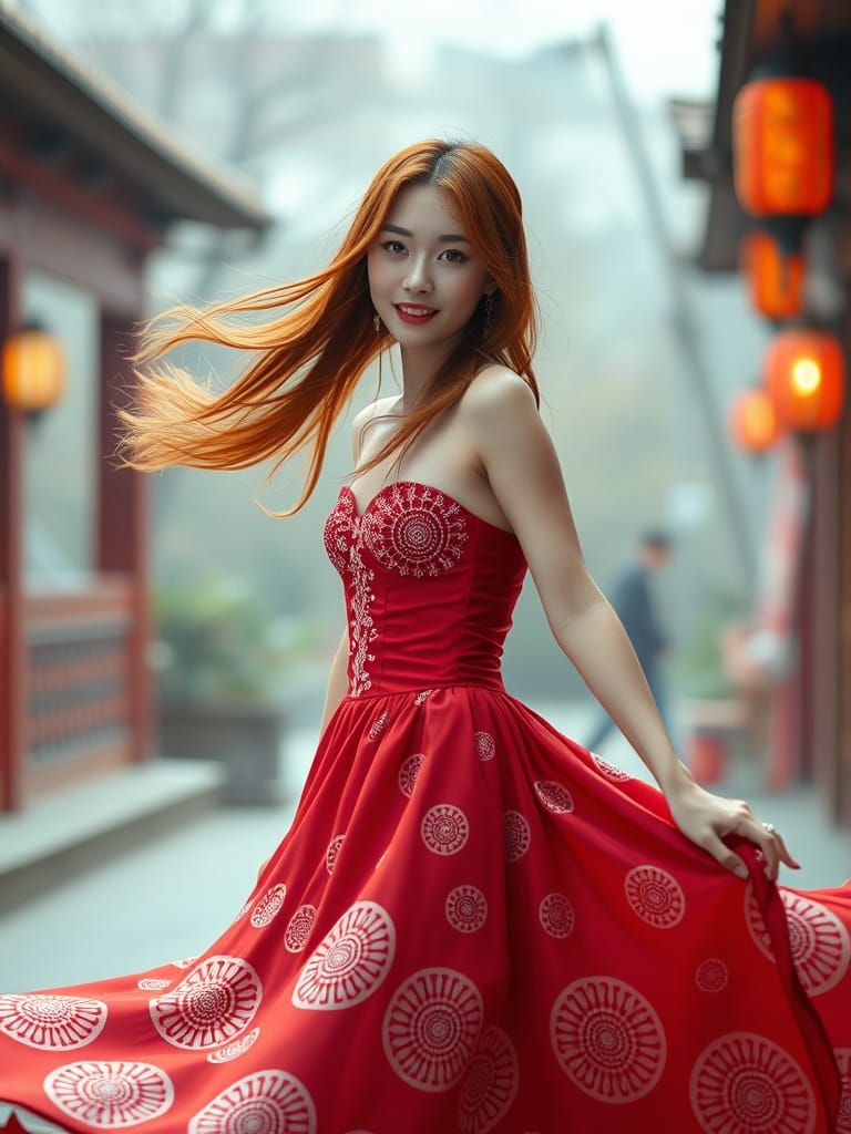 Hyper Realistic Japanese Woman in Elegant Rangoli Pattern Go...