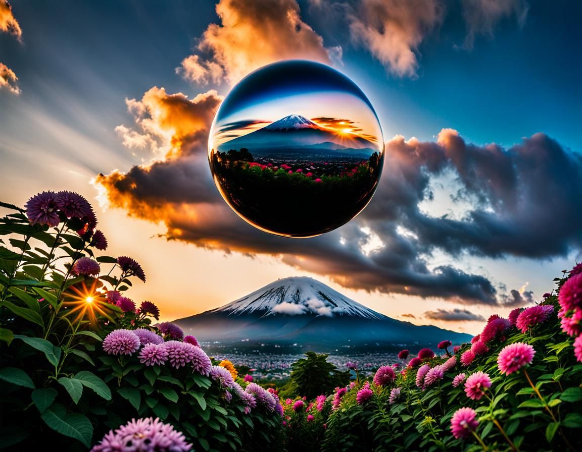 Majestic Fuji Mountain Sunrise with Spiraling Orb
