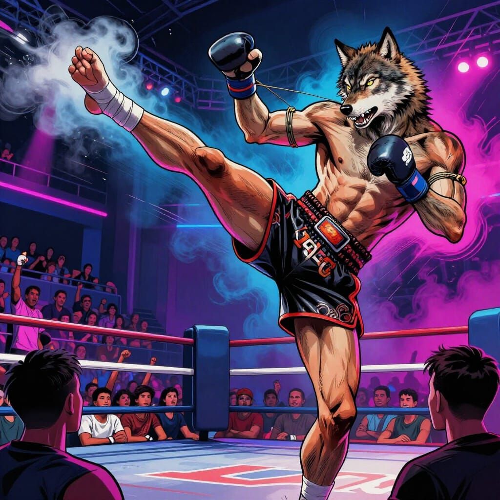 Wolf Fighter Executes Powerful Muay Thai Knee Strike