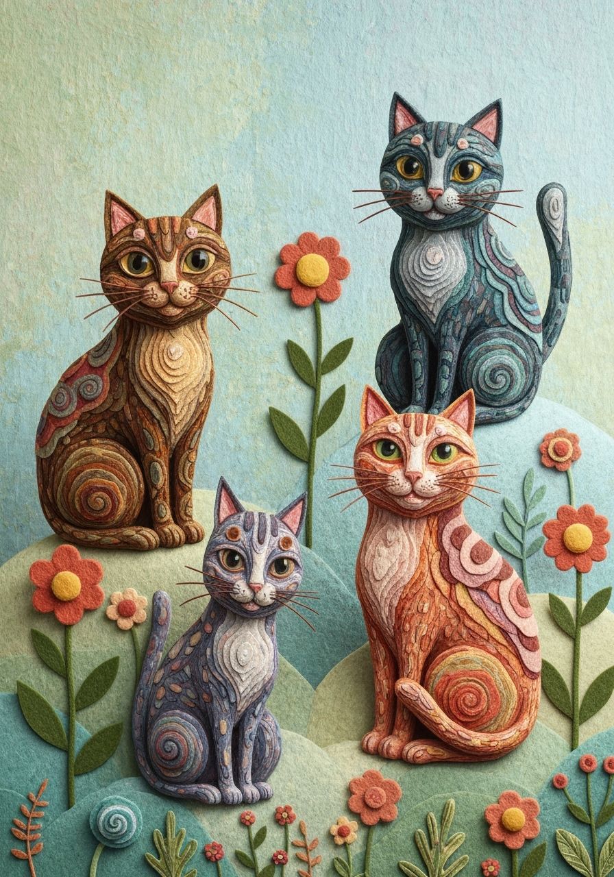 Adorable cats composed of layered, cut, and rearranged felt sheets, reminiscent of Siewert, Janas, and Hine Mizushima's ...