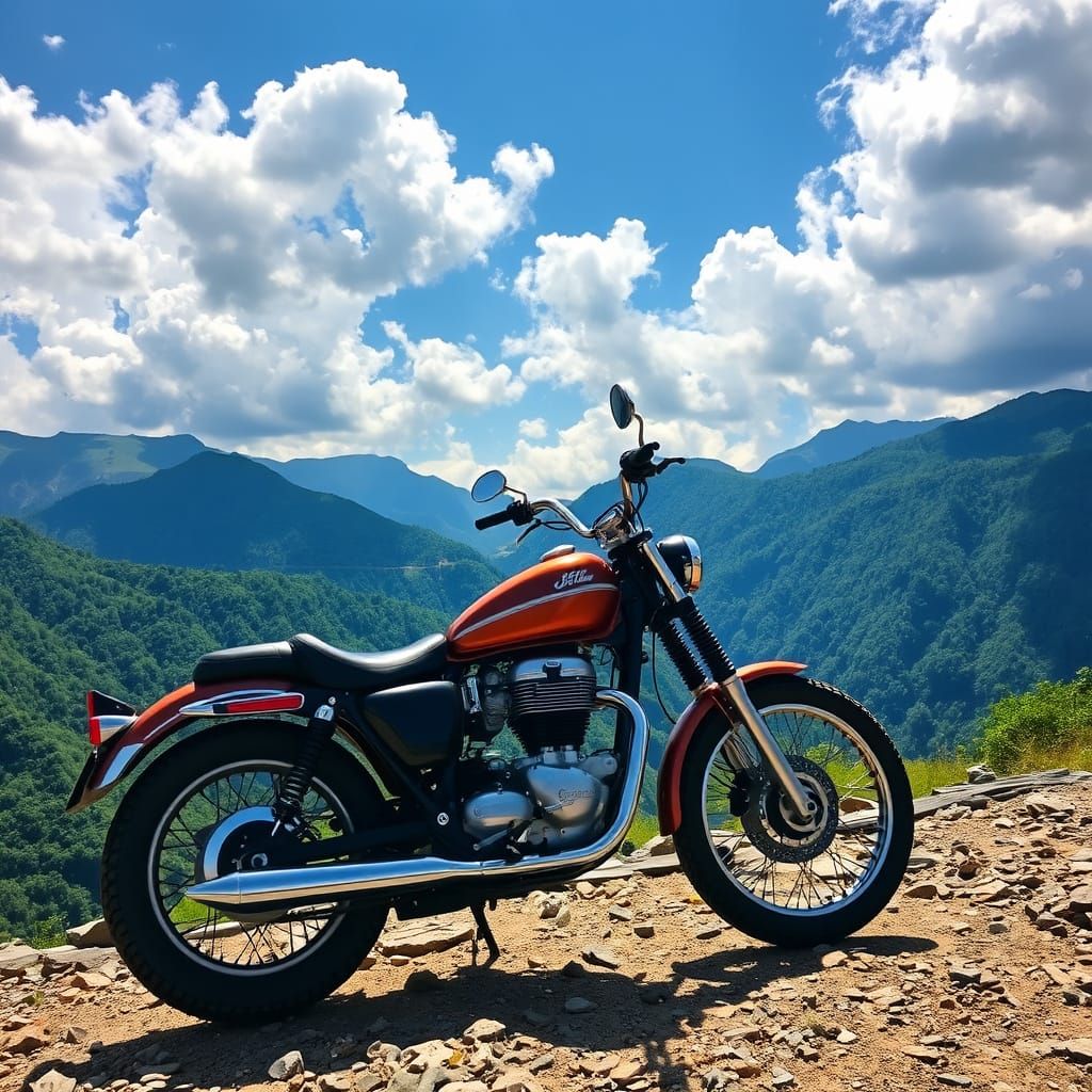 Vintage Motorcycle on Rocky Path amidst Majestic Mountains
