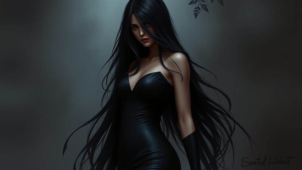 The image depicts a striking depiction of a Darkness Goddess.  Her overall aesthetic exudes power, mystery, and a touch ...