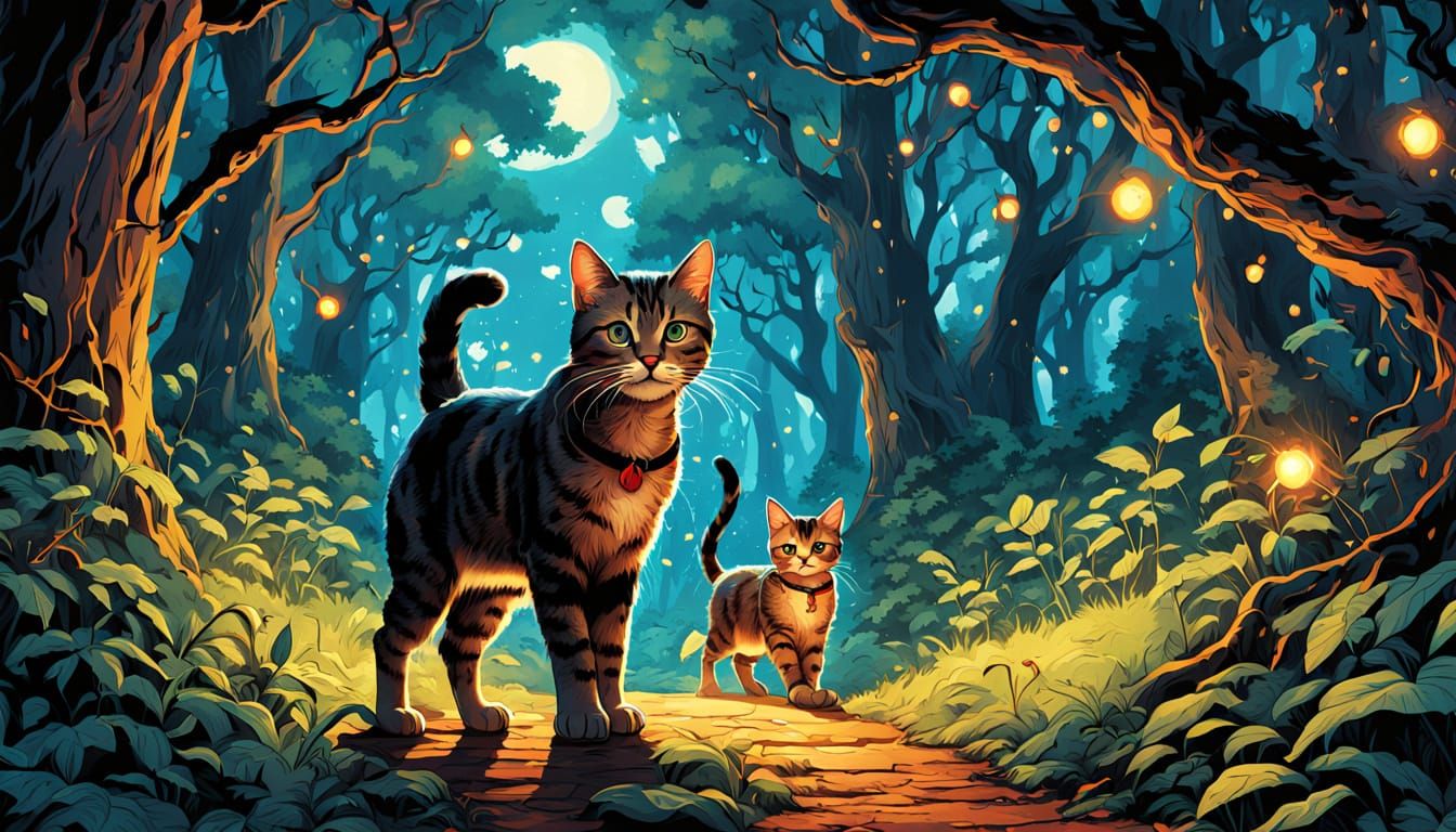Whimsical Comic Book Art of Cat Mom and Kittens in Enchanted...