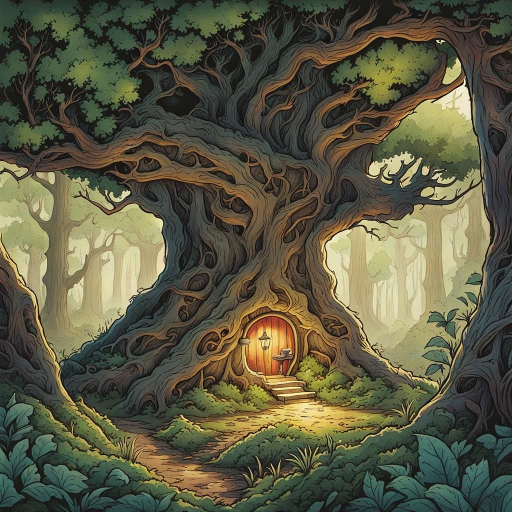 Magical Forest in Hollow Tree, Retro Illustration