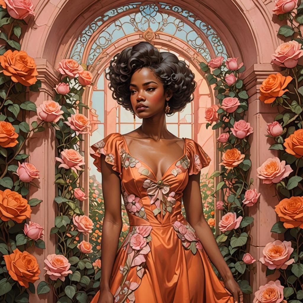 African American Woman Surrounded by Roses in Art Nouveau