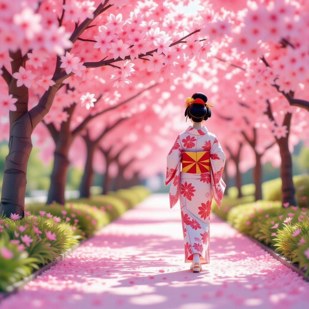 Origami Woman in Cherry Blossom Park
