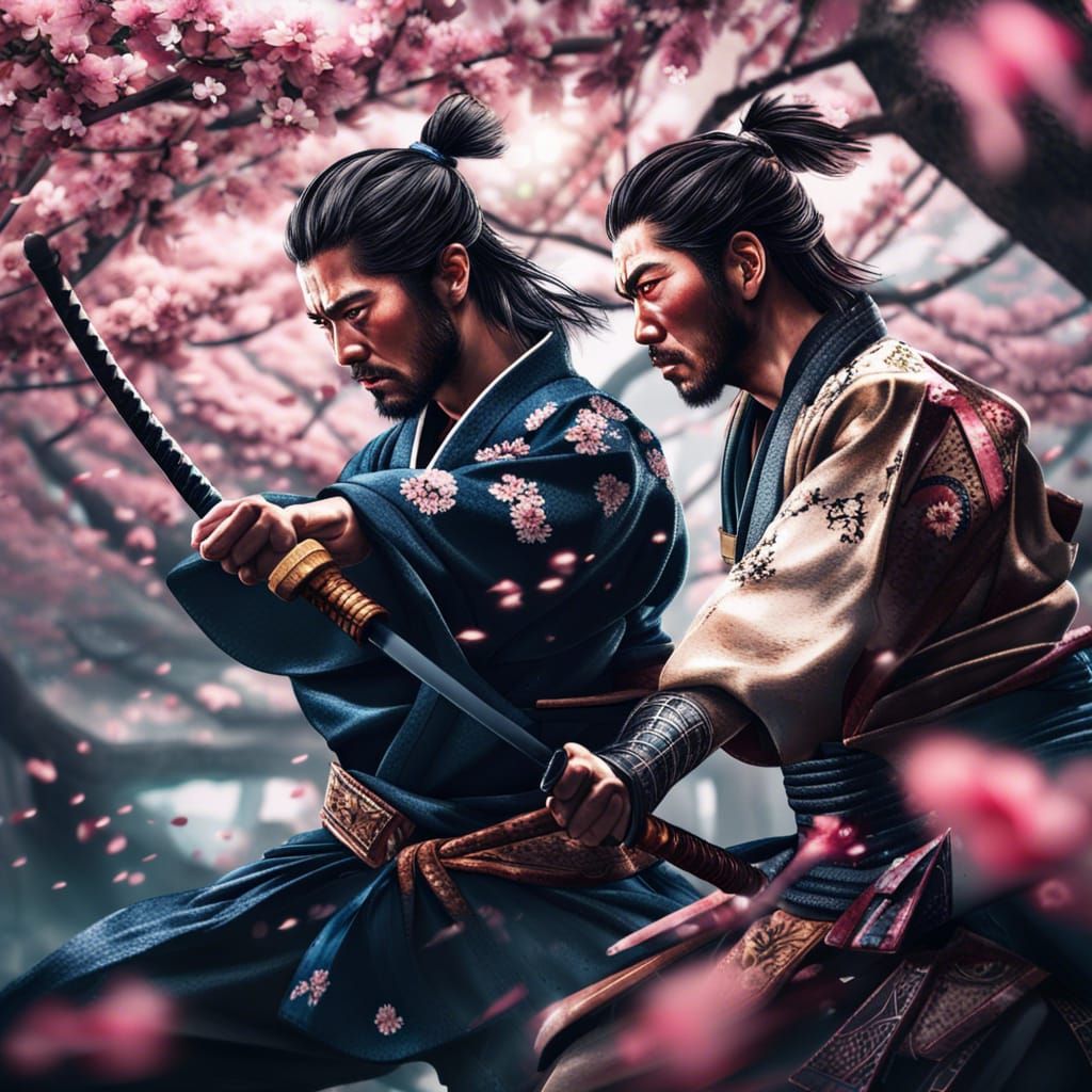 Hyperrealistic Samurai Battle in Cherry Blossom Garden