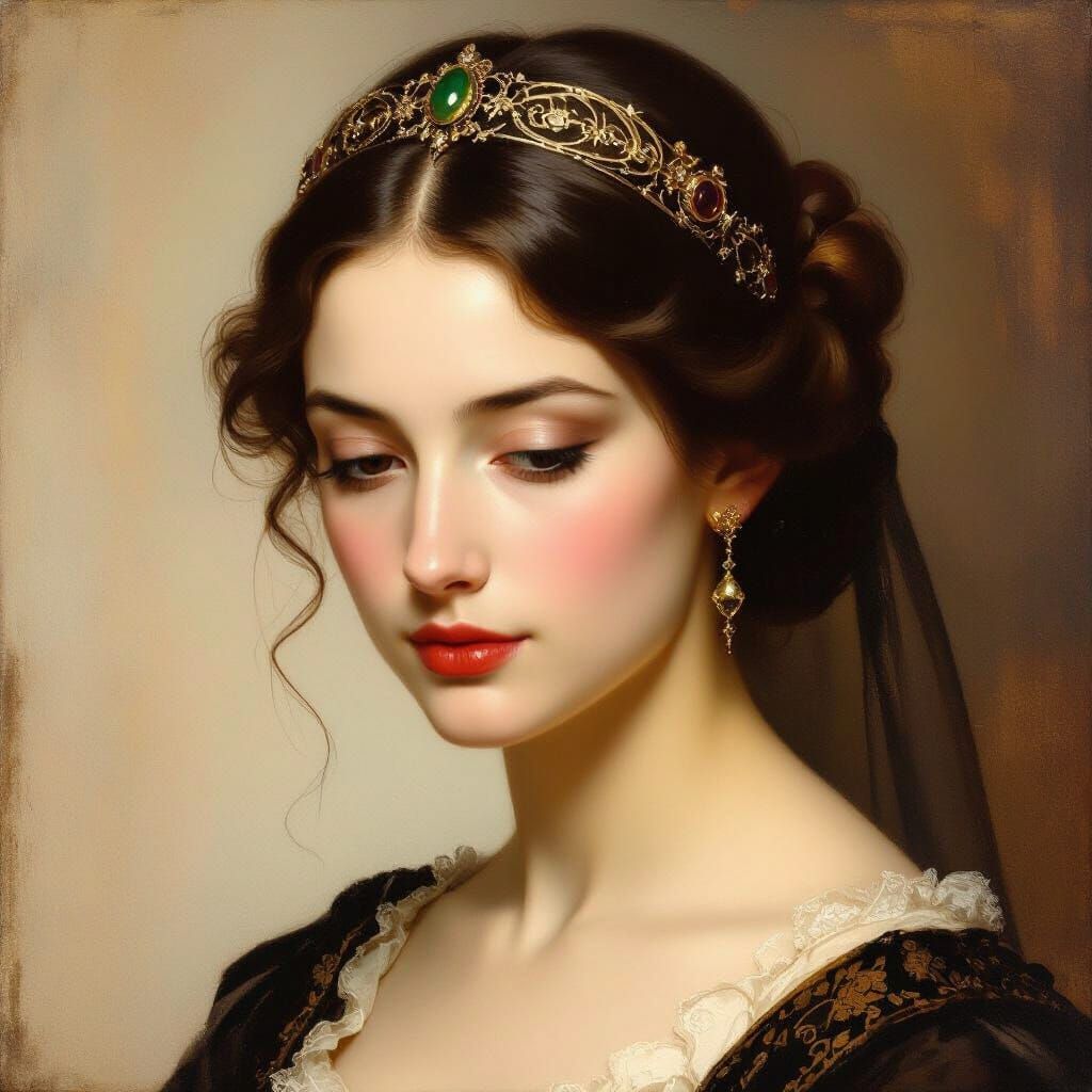 Mysterious Woman with Artistic Headpiece in Oil Painting Sty...