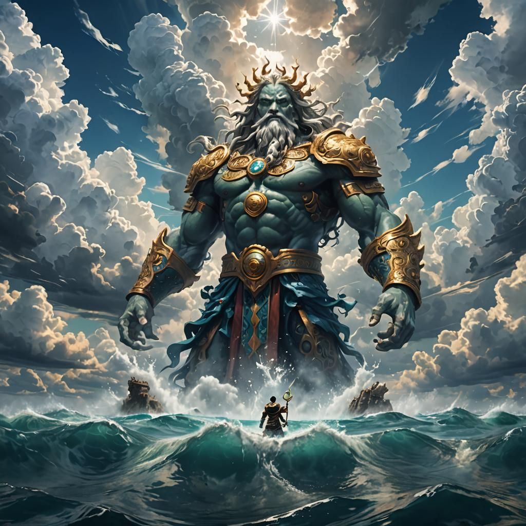 Giant God Reaching for Heaven in Epic Clouds